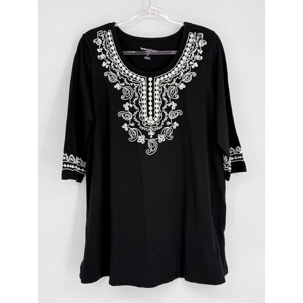 Woman Within Black Embroidered Tunic Top 3/4 Sleeve Scoop Neck Sz 14/16